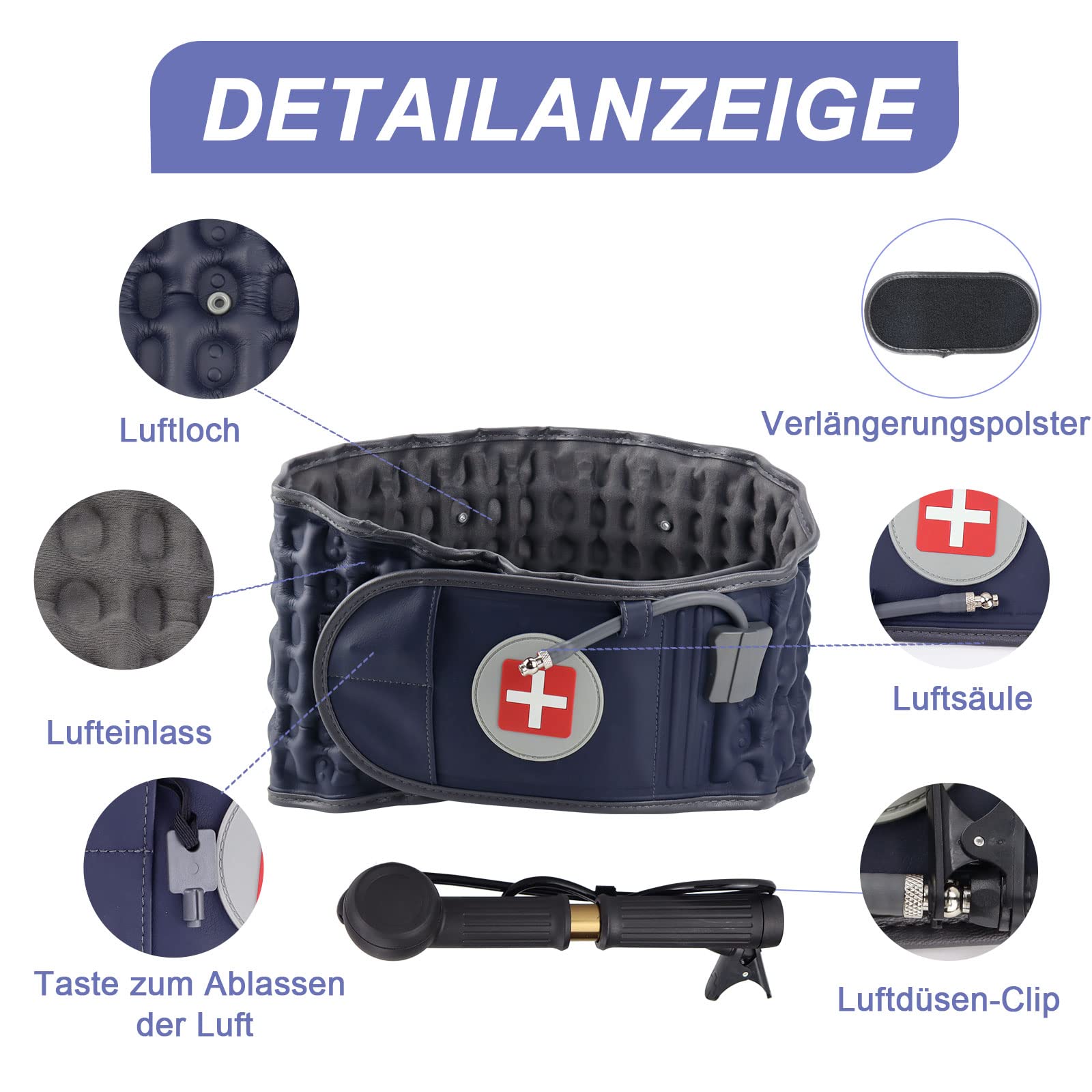 Dekompressions-Rückengurt, aufblasbar, für Schmerzlinderung im unteren Rücken Lendenwirbel-Traktionsgerät mit Handpumpe, Einheitsgröße, passend für Taille 29-49