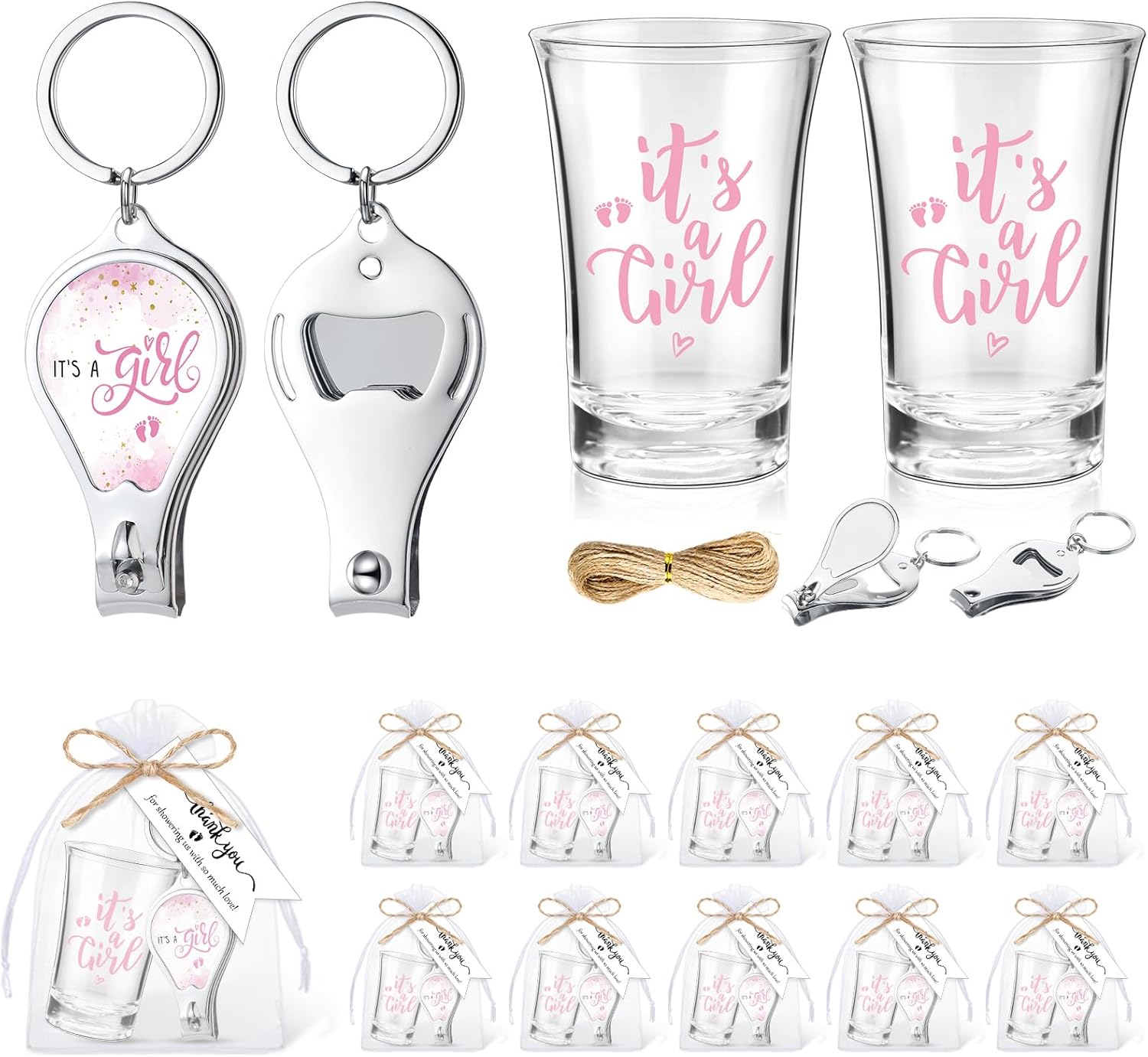 Pickmesh 25 Sets Baby Shower Party Favor Keychain with Nail Clipper Bottle Opener Shot Glasses for Girl Boy Gender Reveal