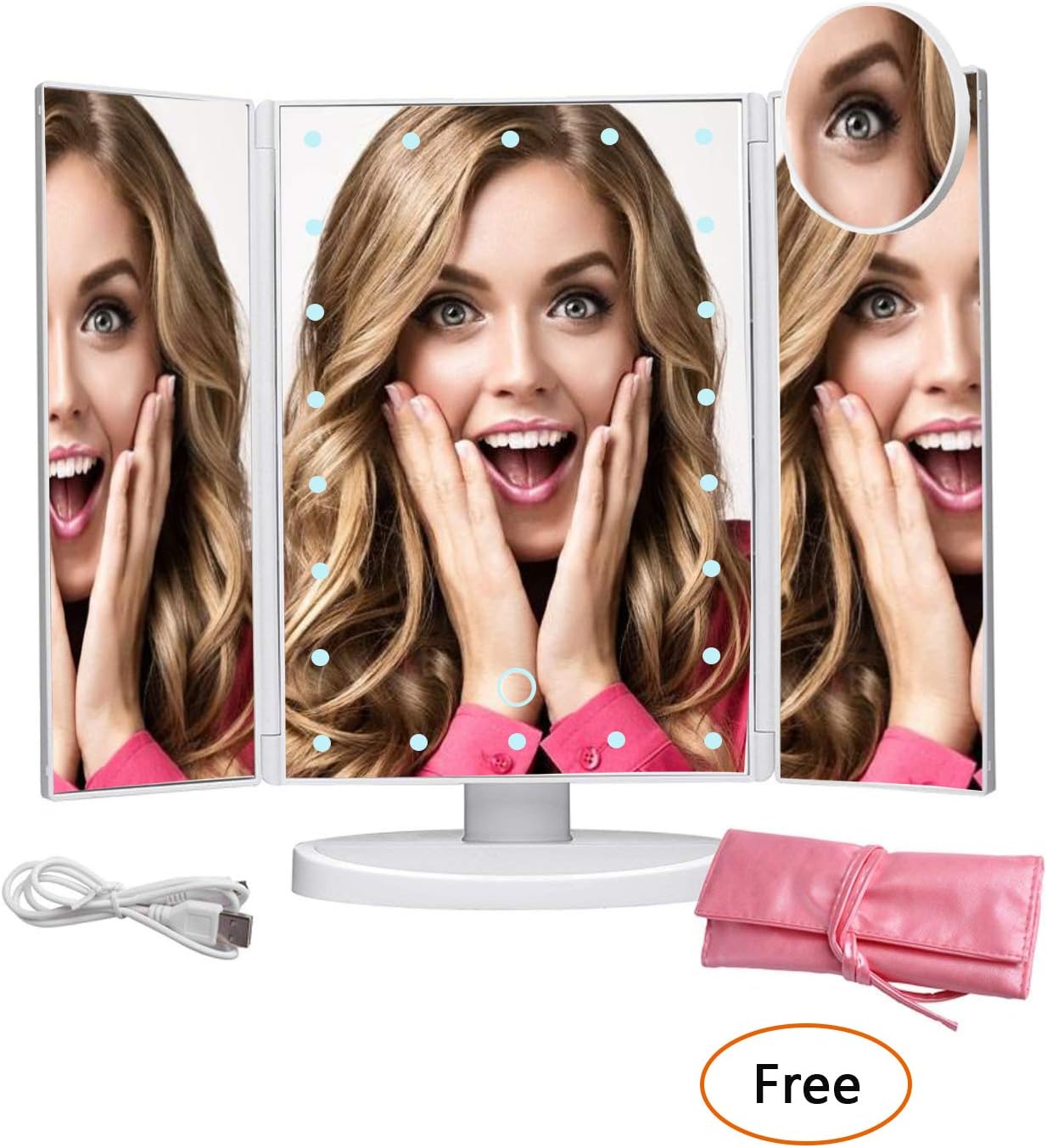 WCOCOW Tri-Fold Illuminated Vanity Cosmetic Mirror, 22pcs Led Lights Touch Screen Lighted Makeup Table Mirror with Removal 10X Magnification Spot 180 Degree Free Rotation， Bonus Beauty Brush Set