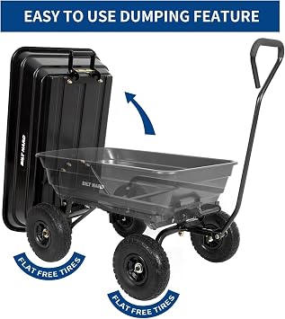 BILT HARD 4 Cu.Ft. 10 No-Flat Tires Poly Yard Dump Cart with 180 Rotating Handle, 600 lbs Capacity Heavy Duty Garden Carts and Wagons