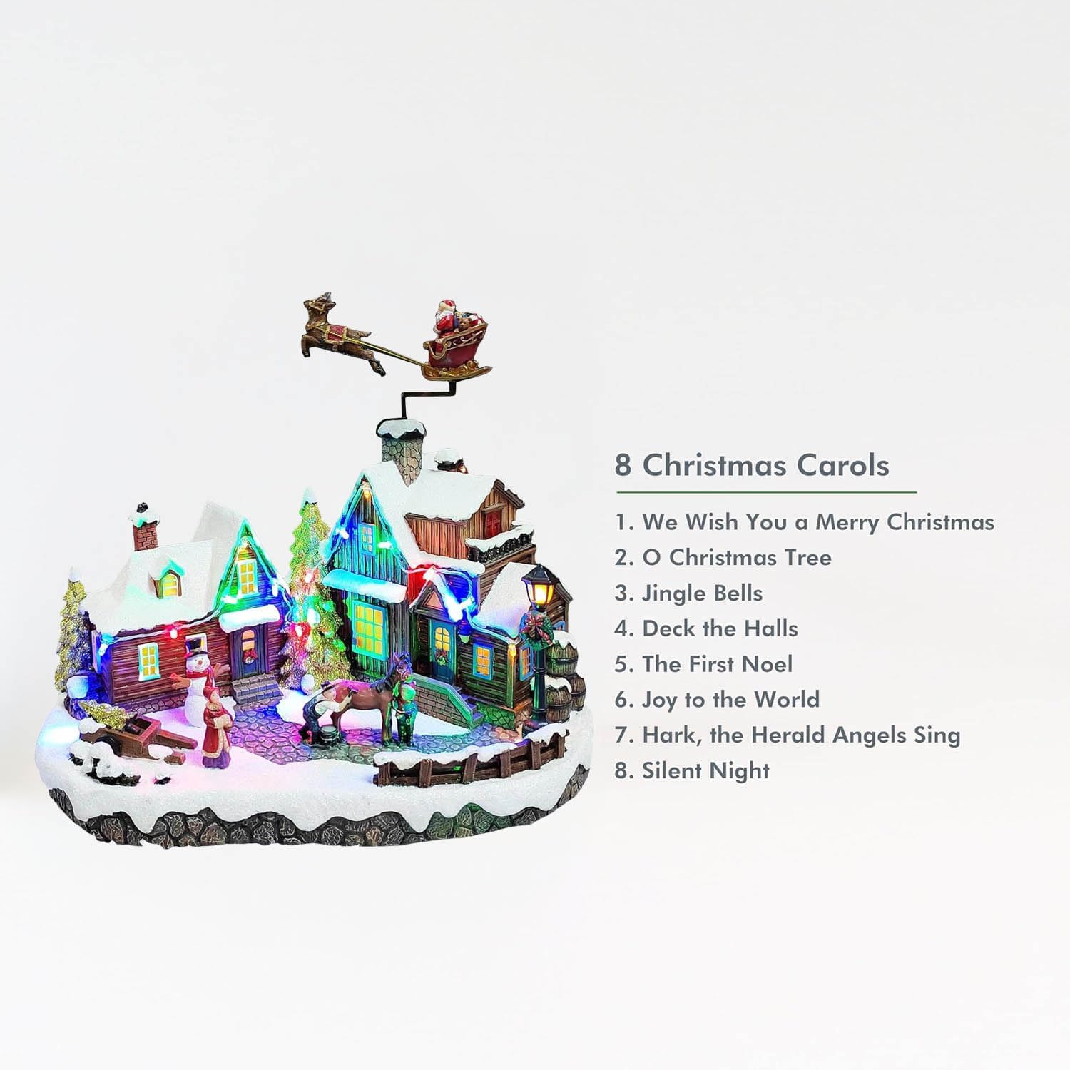 MOMENTS IN TIME LED Animated Christmas Village Scene Santa & Reindeer Flying Over Homes Musical Light Up Decoration with Adapter Plays 8 Holiday Songs Gift Wrapped Ready