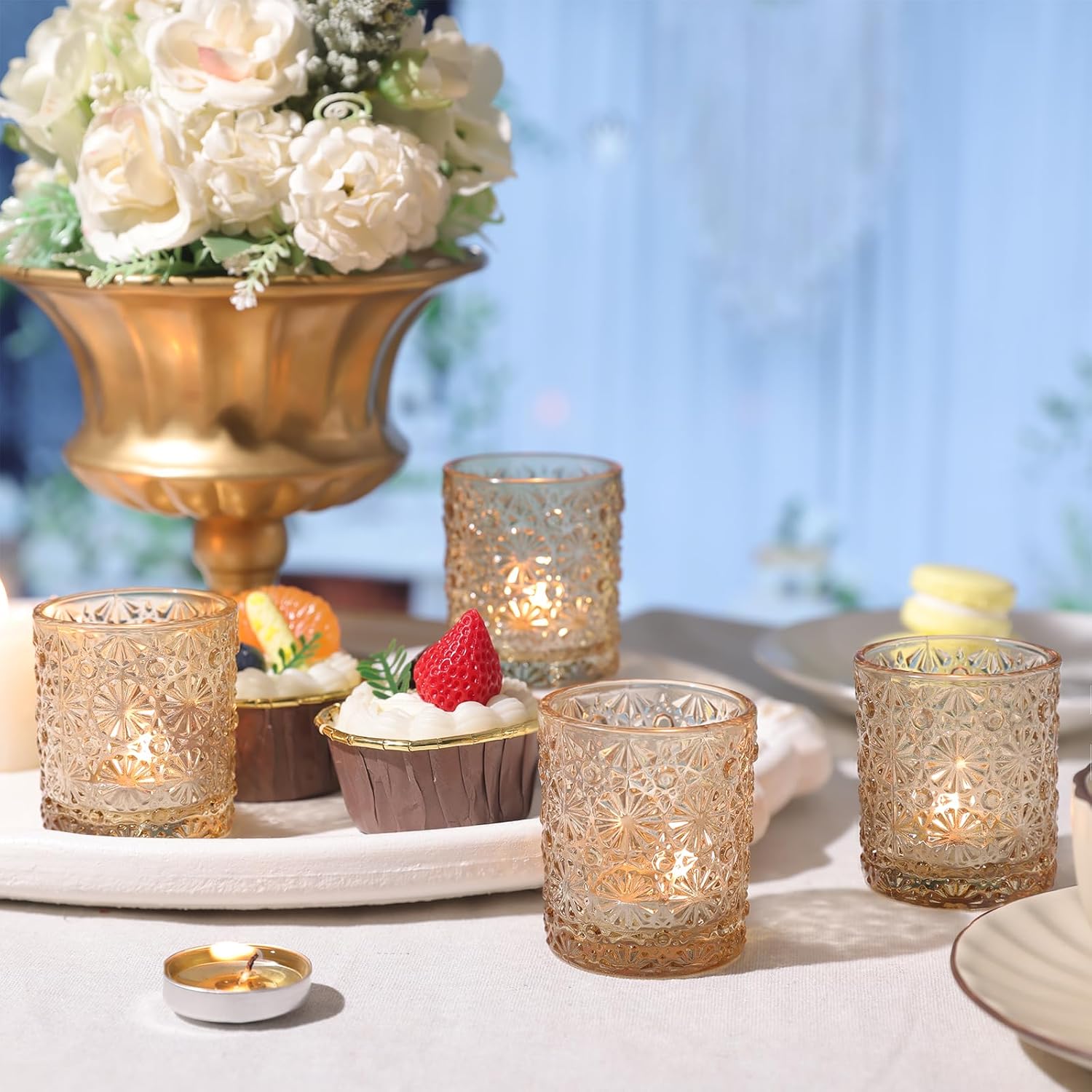 Gold Votive Candle Holder Set of 12, Flower Tea Lights Candles Holders for Wedding Table Centerpieces, Birthday Parties, Anniversary, Bridal Shower and Holiday Decorations