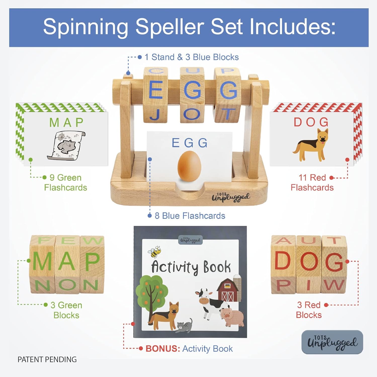 Real Wood Spin and Read Montessori Phonetic Reading Blocks Combines Spelling Blocks with Phonics flashcards for a Frustration Free Spelling for Kids and Beginner CVC Reading