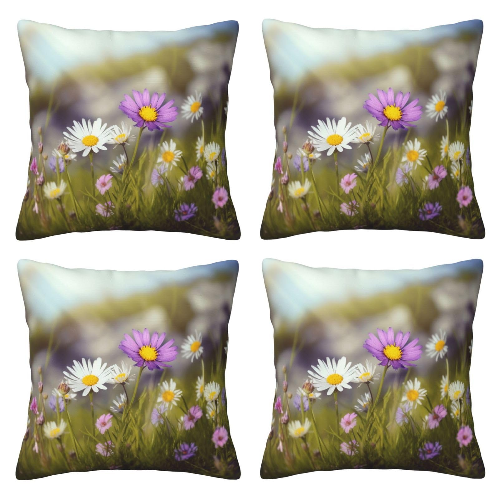 Wild Flower Throw Pillow Cases 4 Pack Square Pillowcases Super Soft Pillow Protectors With Zipper for Couch Livingroom Sofa Bed Office Car,30x30 CM