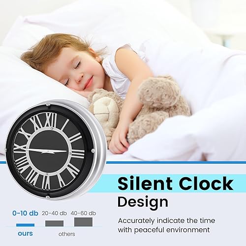 Miniatura 6 de Goplus Reloj de pared silencioso, reloj moderno sin tictac con números romanos y marco de aluminio plateado, fácil de leer, relojes de pared grandes