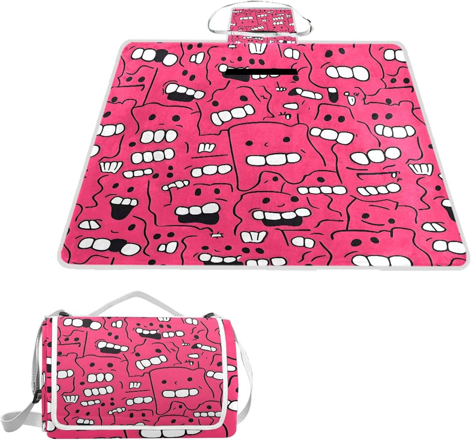 MNSRUU Picnic Blanket Waterproof Foldable, Red Teeth Large Outdoor Picnic Blanket Beach Blankets Camping Blanket Travel Mat, Shoulder Strap Tote, Rectangle 57x59in