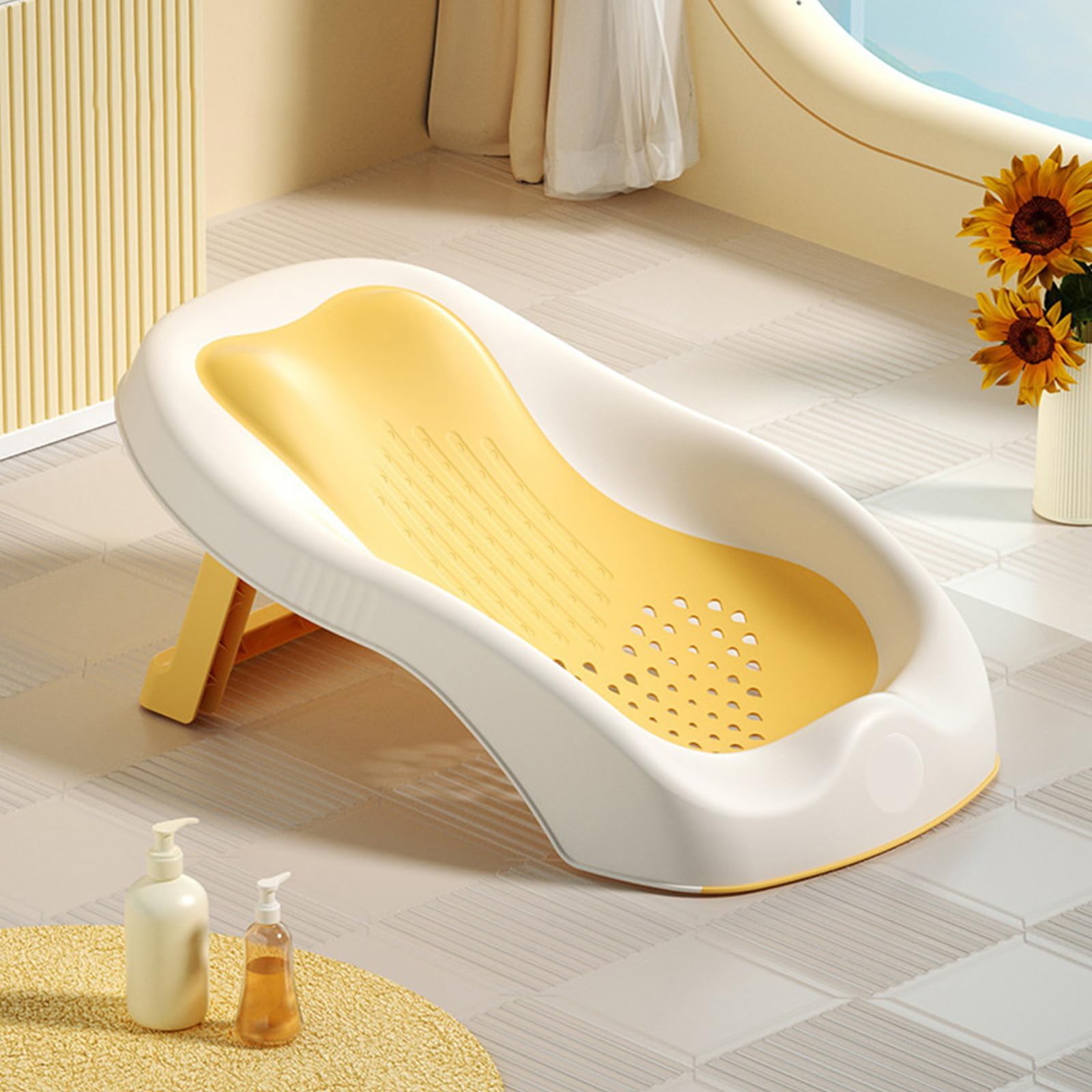 Foldable Baby Bath Seat - Non-Slip PP Shower Net Support Ergonomic Backrest Design Easy-Clean Christmas Gift for Toddlers