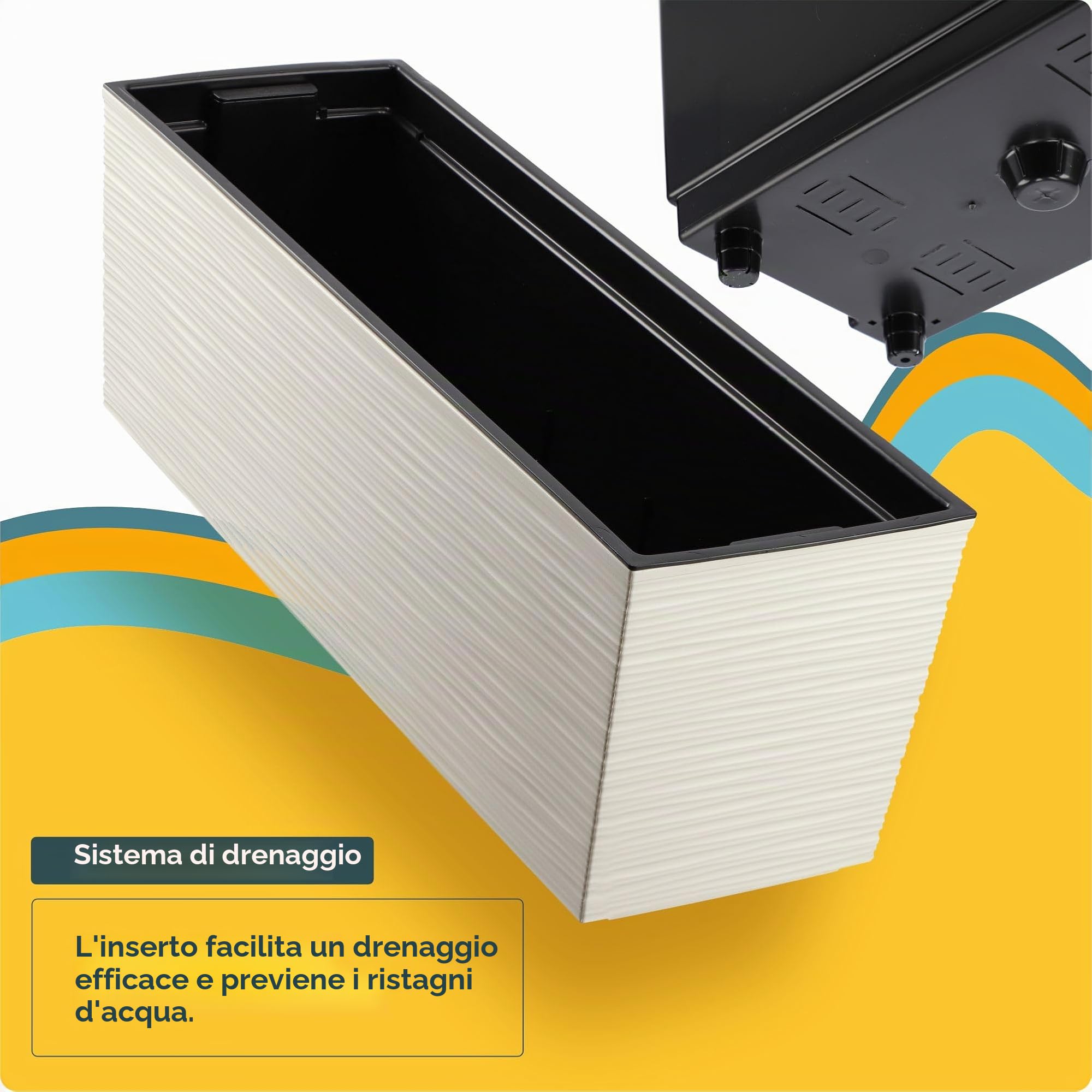 KADAX Fioriera con supporti 18,5 x 56 cm, motivo graffiato, crema, con inserto – Resistente alle intemperie