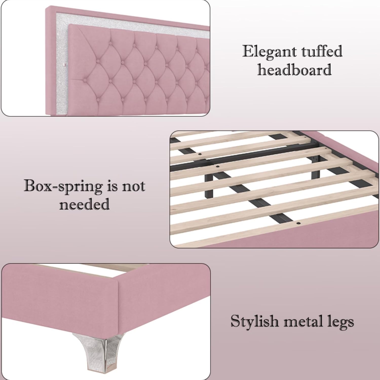 Queen Size Upholstered Bed Frame with LED Lights,Modern Velvet Platform Bed with Tufted Headboard,Pink