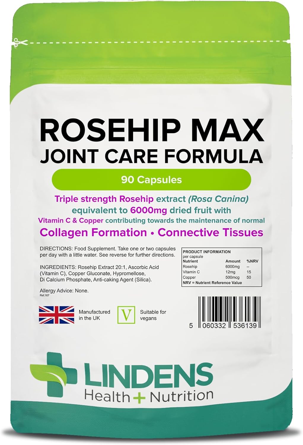 Lindens – Rosehip Max Joint Care Formula, 90 Capsules – UK Made – Joint Care, Collagen Formation & Connective Tissues – Nervous & Immune System Function – Letterbox Friendly, Vegan