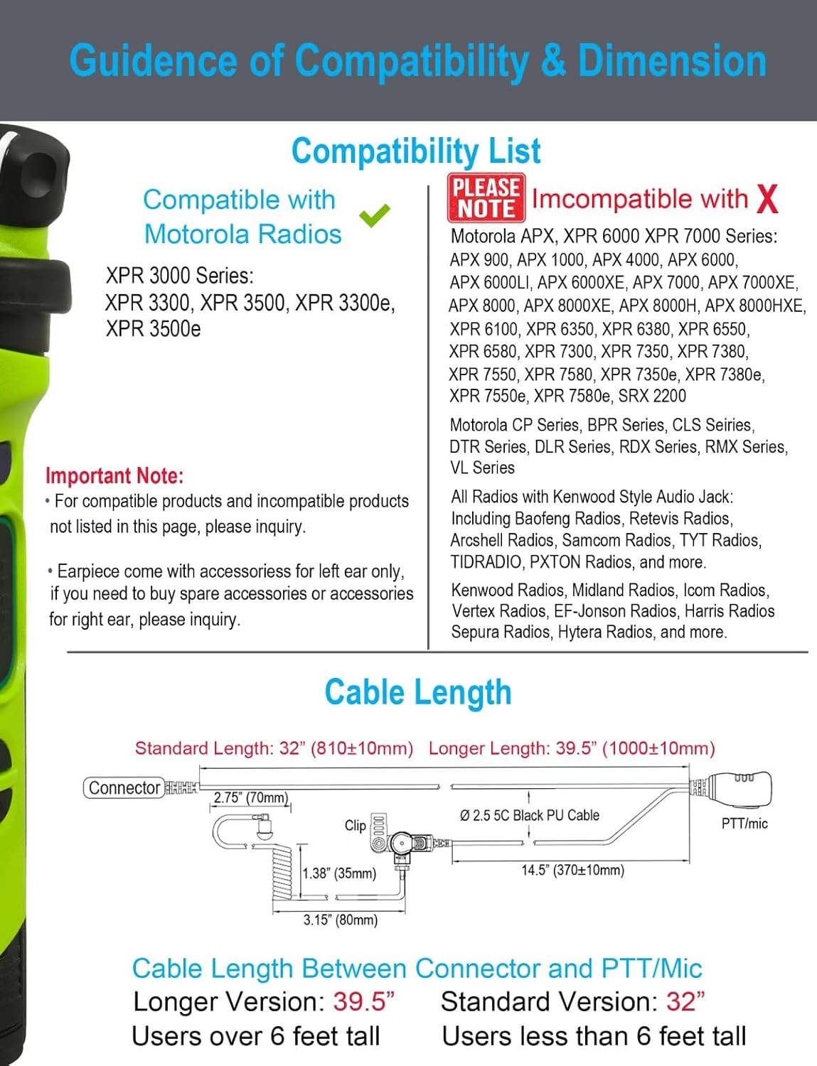 commountain XPR 3500e XPR 3300e Earpiece with Mic Compatible with Motorola Radios XPR3300e XPR3500e XPR3300 XPR3500, Acoustic Tube Headset with PTT Microphone-5 Pack