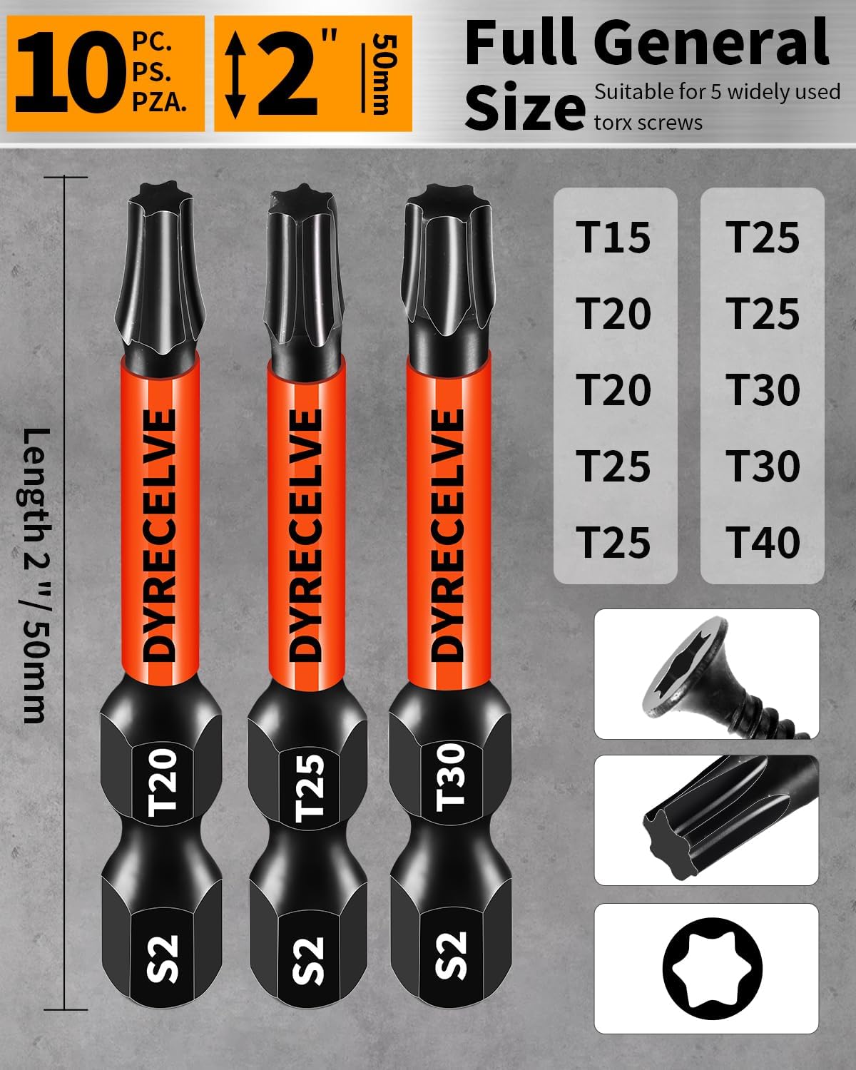 DYRECELVE Impact Torx Bit Set T15 T20 T25 T30 T40, 10-Pack 2 Inch S2 Steel Magnetic Power Bits for Impact Driver, 1/4 Inch Hex Shank Heavy Duty Magnetic Grip (Anti-Slip)