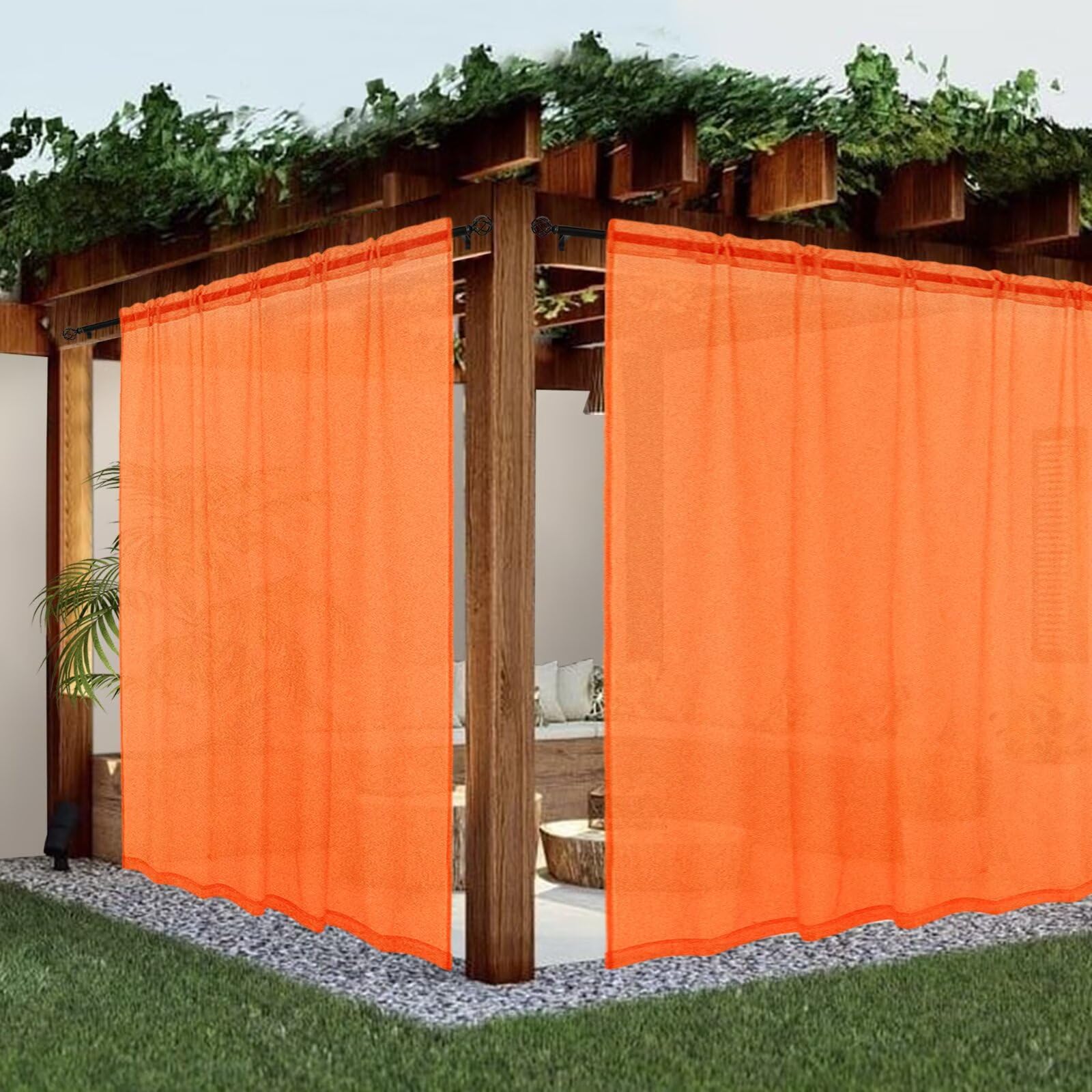 youleyar Sheer Outdoor Curtains for Patio Waterproof 2 Panels Linen Look Rod Pocket Indoor Orange Voile Curtain for Living Room, Bedroom, Porch, Pergola, Cabana, Gazebo(100x96 Inch, Orange) — image 1