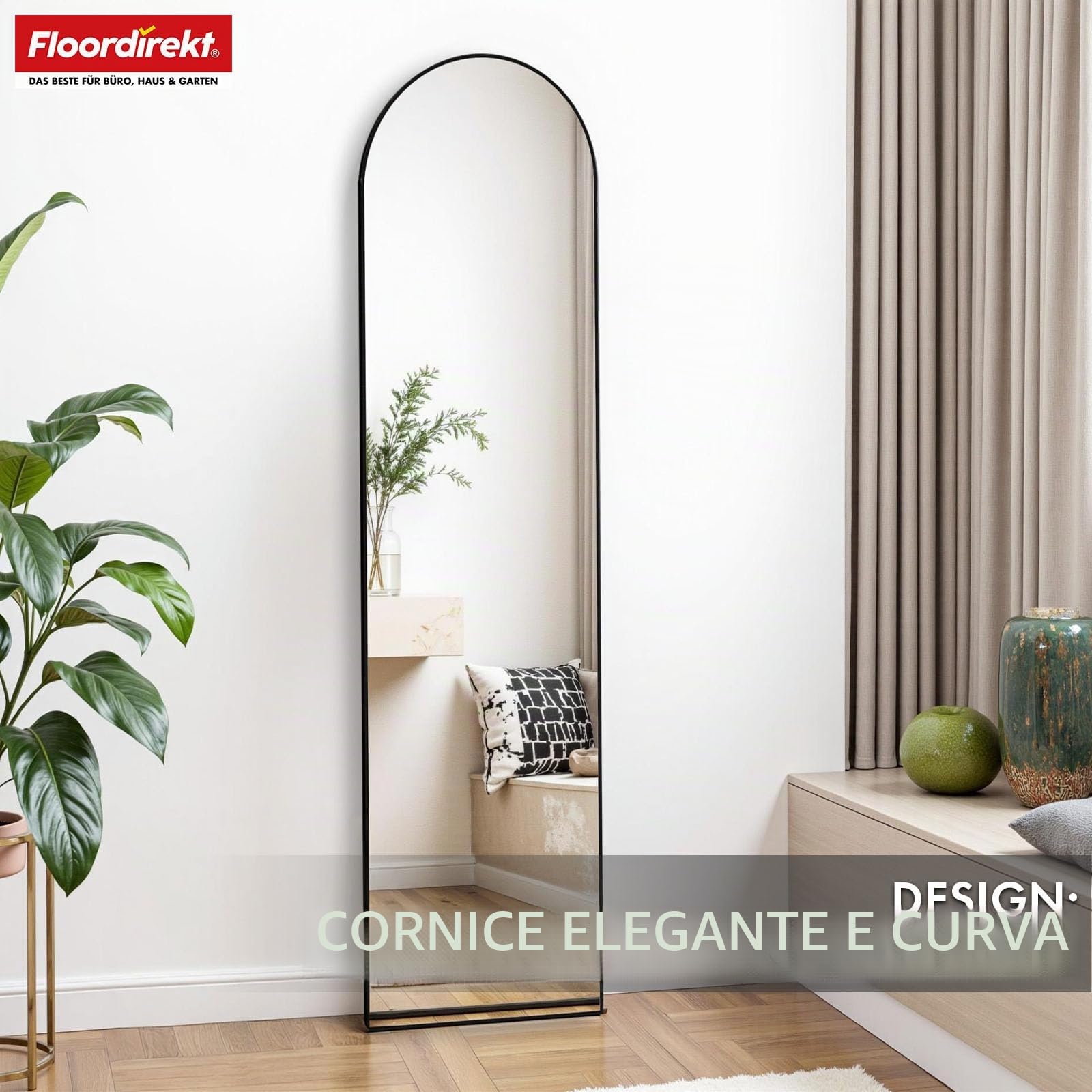 Floordirekt Specchio intero da 150 x 40 cm, specchio curvo, telaio in lega di alluminio, vetro temperato, per camera da letto, soggiorno, guardaroba, nero Madison