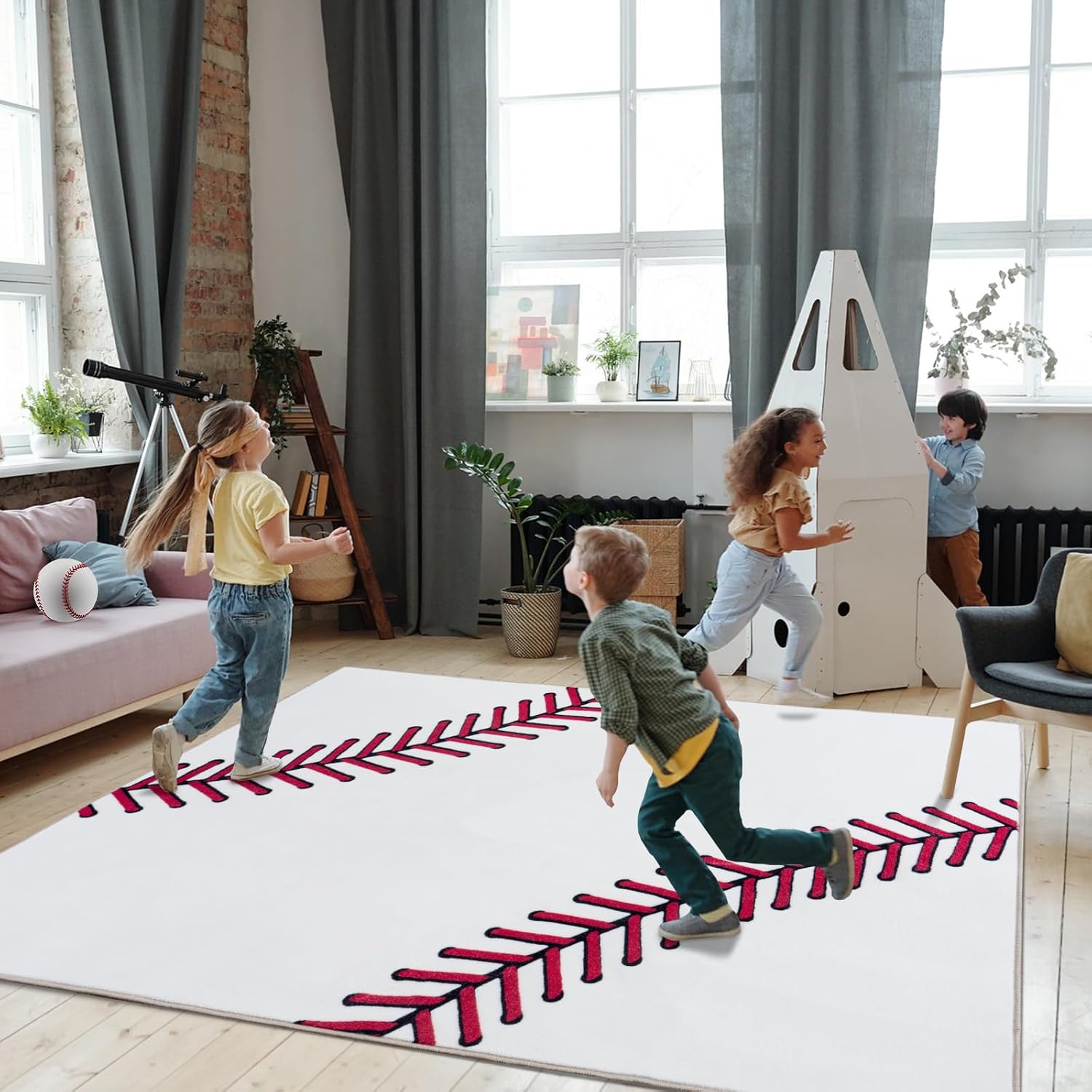 Soft Baseball Rugs for Bedroom, Machine Washable, Cute Bedside Boys Area Rug for Kids Toddlers Teens, Baseballs Lovers Home Decor Indoor Carpet for Living Room, Dorms, Nursery 4x5 Ft