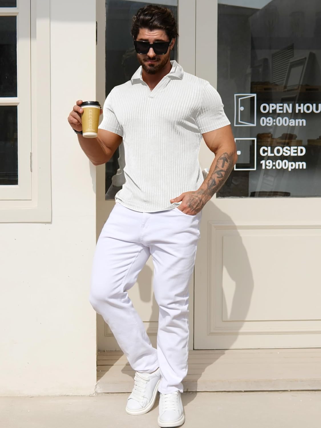 YTD Men's Muscle V Neck Polo Shirts Slim Fit Solid Short Sleeve Golf T-Shirts Ribbed Knit Soft Tees - Image 4