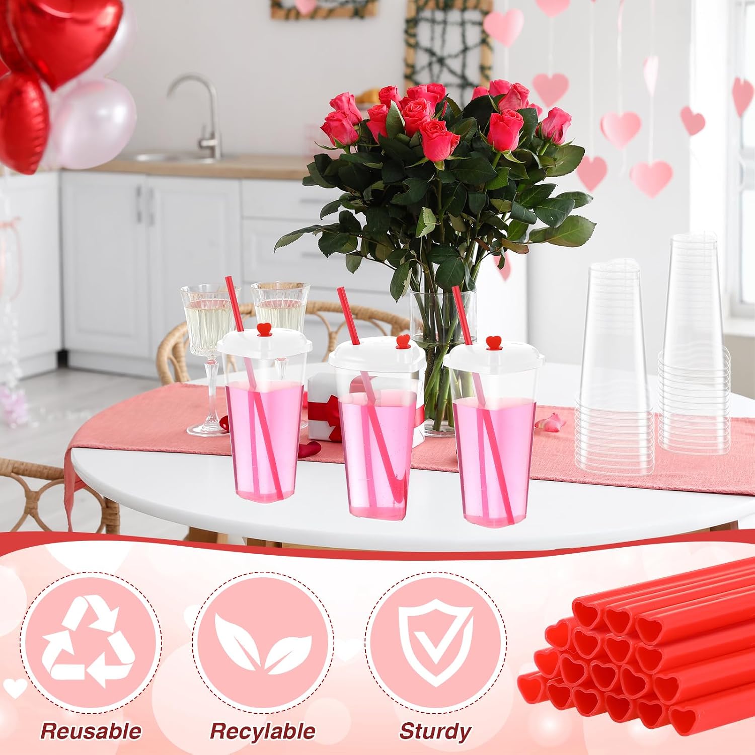 Potchen 60 Sets Heart Shaped Plastic Cups with Straws 16 oz Disposable Cups with Lid and Straws for Valentines Birthday Wedding Anniversary Party Supplies (White and Red)