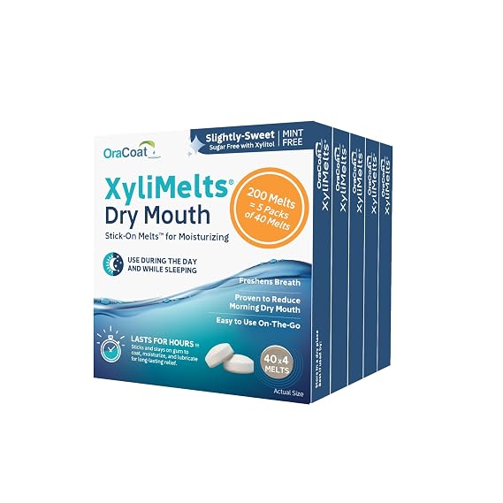 OraCoat XyliMelts Dry Mouth Relief Moisturizing Oral Adhering Discs 40 Count, 5 Pack, Slightly-Sweet with Xylitol, for Dry Mouth, Stimulates Saliva