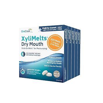 OraCoat XyliMelts Dry Mouth Relief Moisturizing Oral Adhering Discs 40 Count, 5 Pack, Slightly-Sweet with Xylitol, for Dry Mouth, Stimulates Saliva