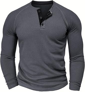 Mens Henley T-Shirt Long Sleeve Casual Lightweight Button Pullover Shirts Soft Stretch Basic Waffle Tees Fall Tops