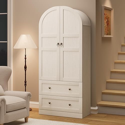 Garvee 72" Tall Dome Bookcase with Drawers, 4-Tier Wooden Bookshelf Storage Cabinet with Door, Farmhouse Arched Cabinet with Storage, Wood Arch Bookcase for Home Office, Living Room, White