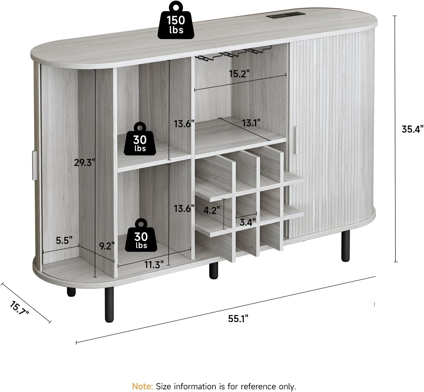 ONBRILL 55" Wine Bar Cabinet with Storage, Fluted Liquor Bar for Home, Coffee Bar Cabinet with Wine Rack and Glass Holder, Buffet Sideboard with LED Lights for Kitchen Living Dining Room Natural White