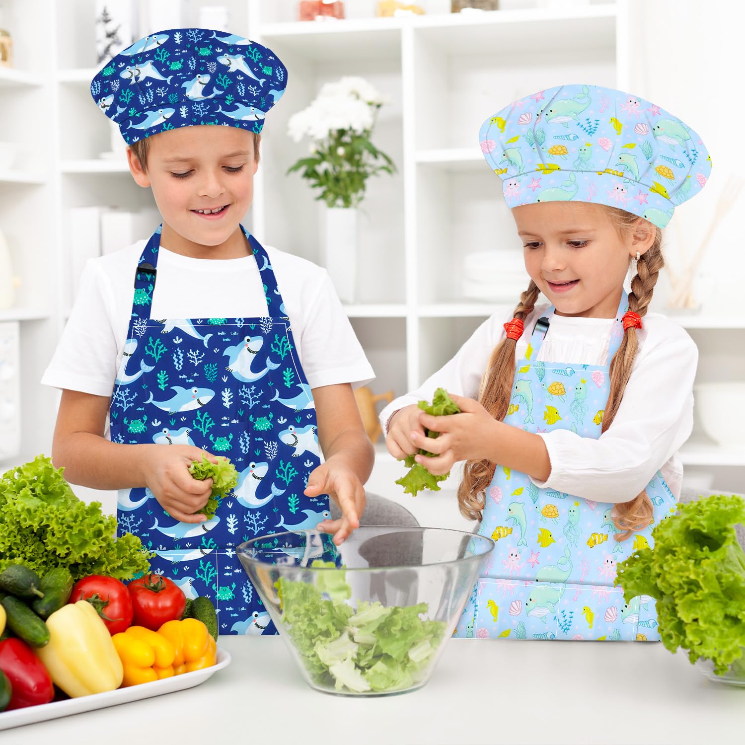 TOPWAYS 2PCS Kids Aprons, Chef Hat Set Children Apron - Image 3
