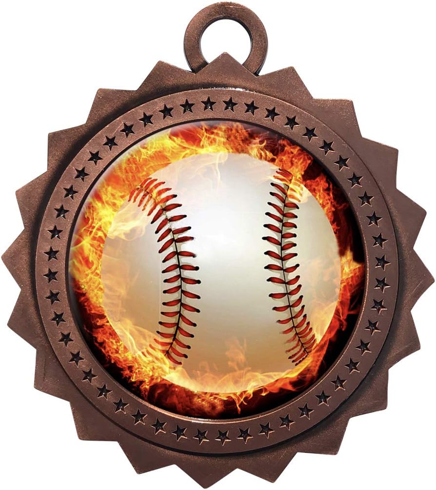 10 PK of Flame Baseball Bronze Medals Trophy Award with Neck Ribbons D03-EMFCL808