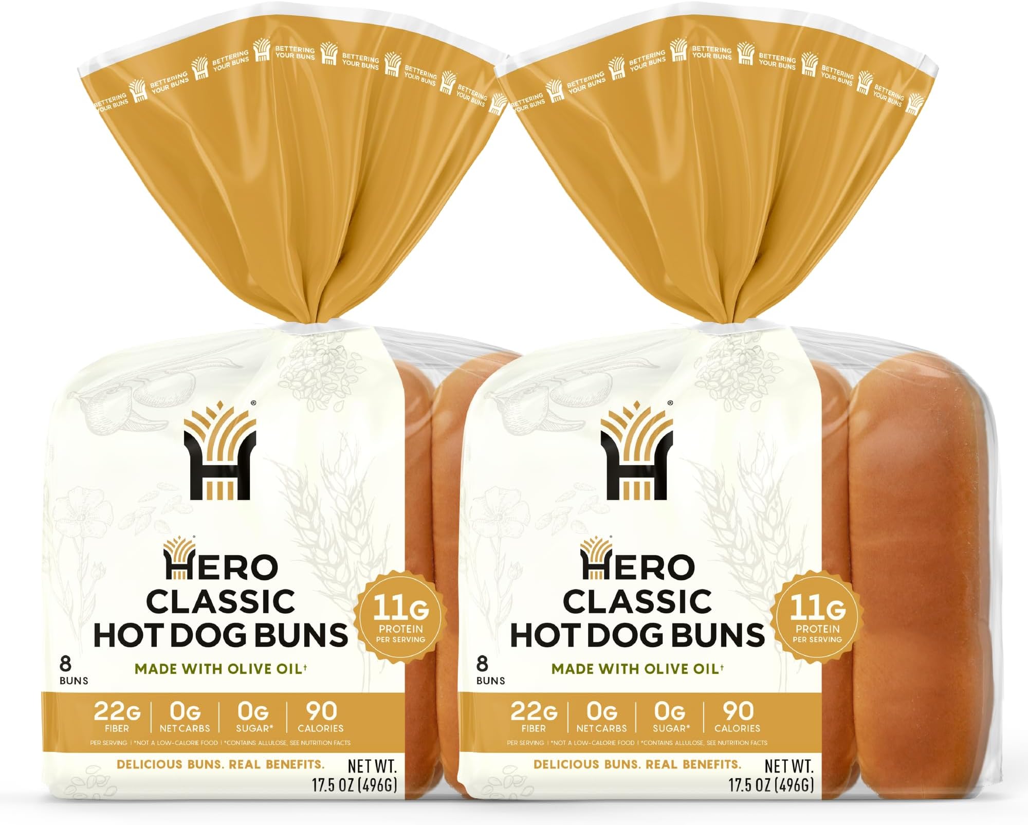 Hero Classic Hot Dog Bun - Delicious Rolls & Net Low Carb Hot Dog Buns | High Fiber, 1g Net Carbs, 0g Sugar & 90 Calories Per Serving | (16 Buns, Pack of 2)