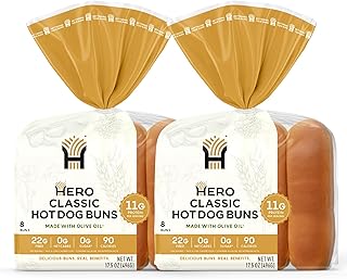 Hero Classic Hot Dog Bun - Delicious Rolls & Net Low Carb Hot Dog Buns | High Fiber, 1g Net Carbs, 0g Sugar & 90 Calories Per Serving | (16 Buns, Pack of 2)