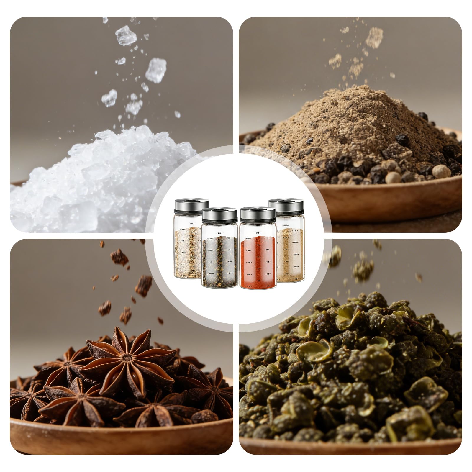 Lot de 4 pots à épices avec couvercle rotatif : 200 ml avec 4 types de trous d'épices, en verre borosilicate résistant à l'humidité avec couvercle en acier inoxydable 304 pour cuisine