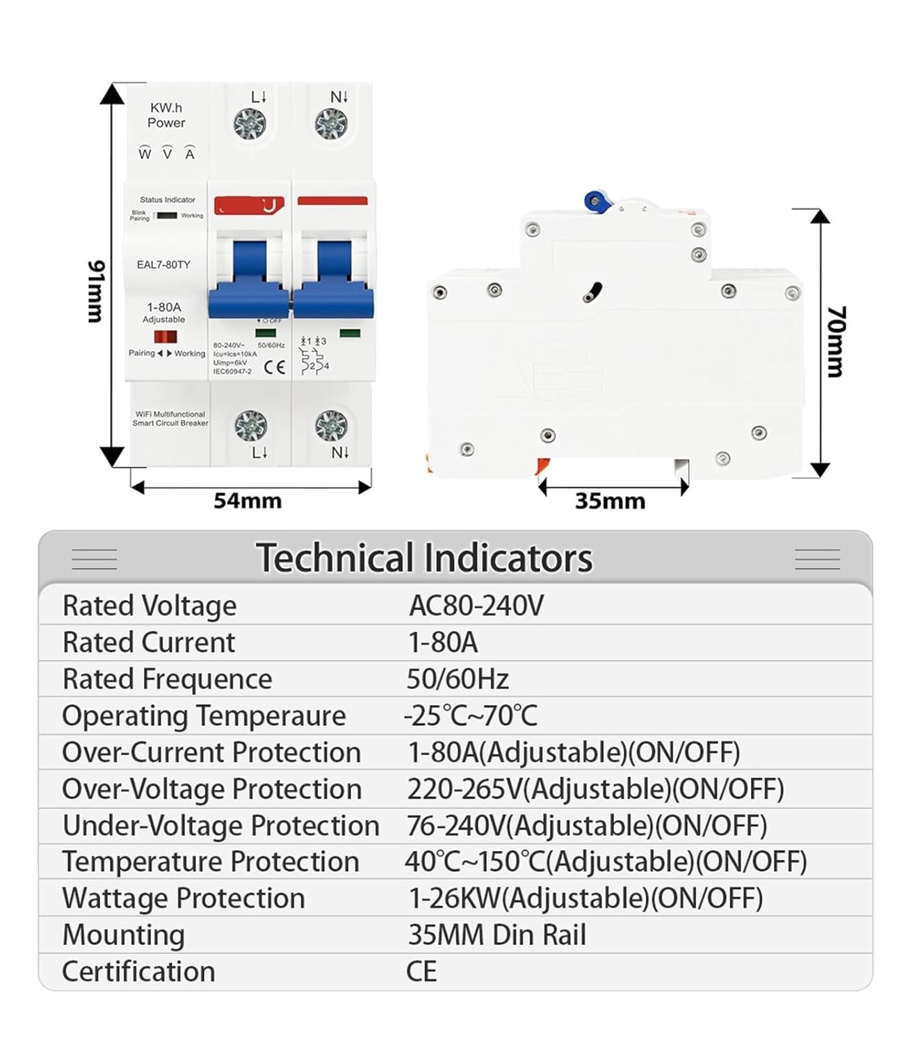 EAL7-80TY 2P 1-80A 230V Circuit Breaker overcurrent and undervoltage Protection Energy metering Short Circuit Protection
