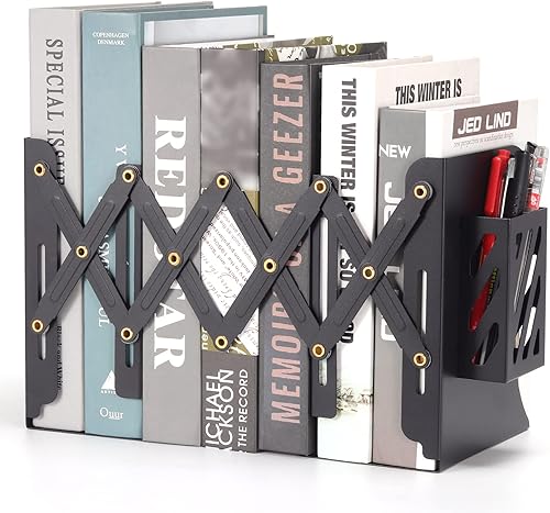 Sujetalibros ajustables, soporte de metal para libros con bolsillo extraíble para oficina, escuela, organizador de archivos de escritorioestante de