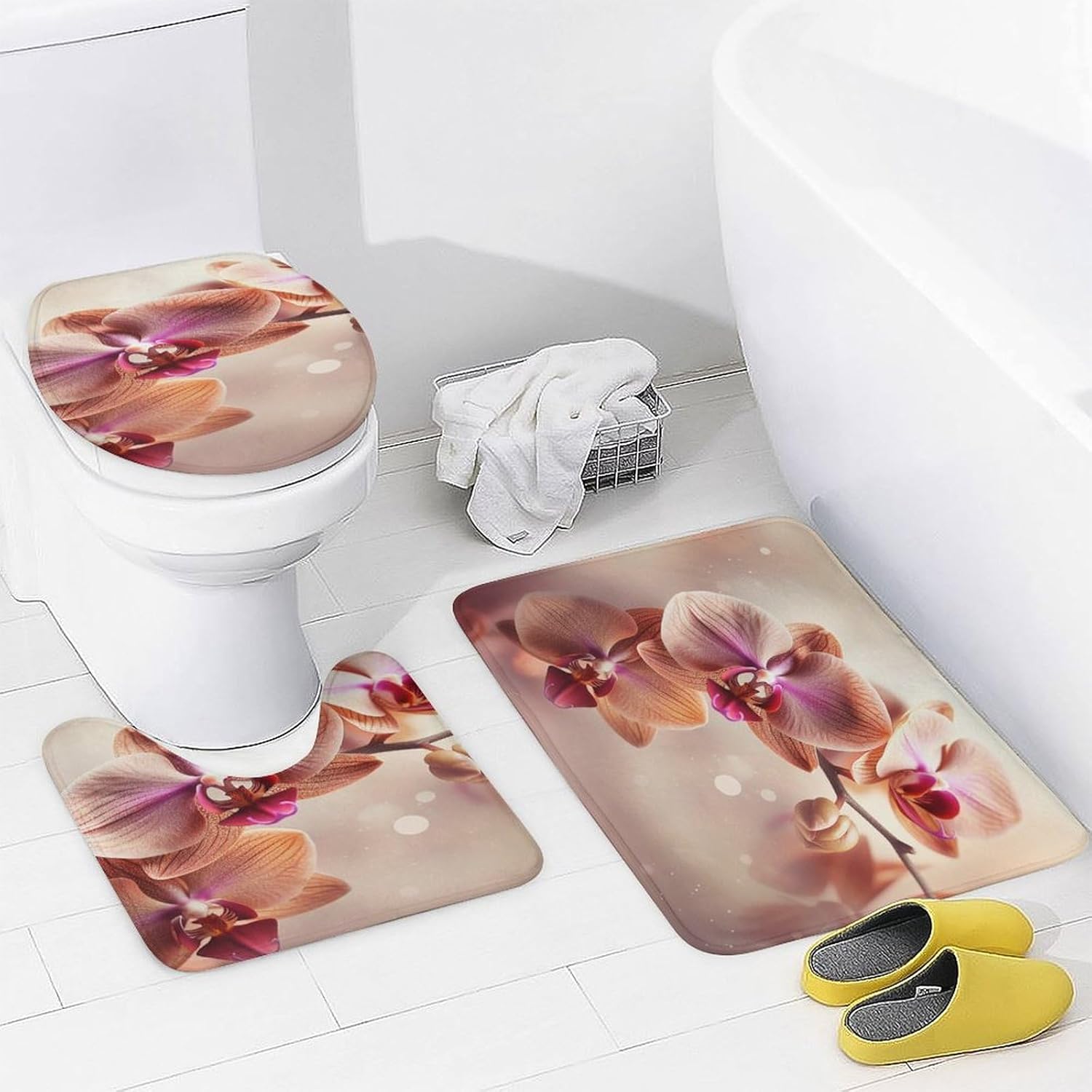 Four Piece Bathroom Set with Toilet Lid Cover and Non-Slip Rugs Minimalist Shower Curtain for Bathroom Set