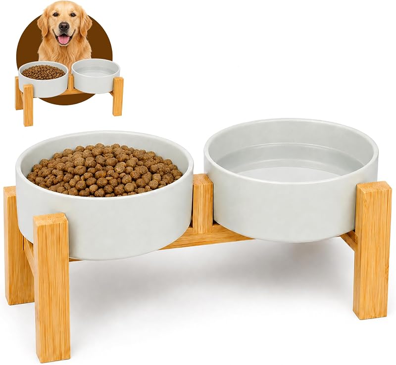 Casfuy Elevated Double Ceramic Dog Bowl with Bamboo Stand, 3.6-Cup