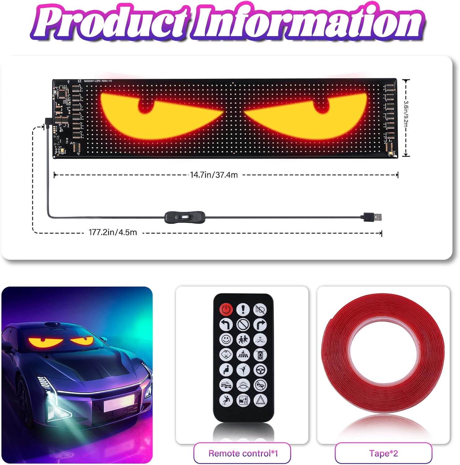 Devil Eyes for Car Windshield 14.7" x 3.6"- Dynamic RGB Car Accent Lights, Wireless App Control & DIY Text- Easy Peel-and-Stick Installation Warning Lights Universal Fit for Cars, Trucks - Image 2