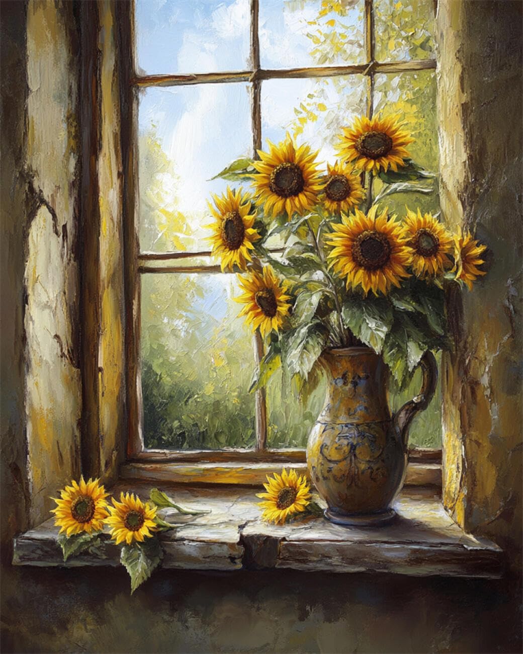 RKFLGEW Flowers 14CT Embroidery Kit Sunflowers By The Window Embroidery Kit for Beginners Adult DIY Cross Stitches Needlepoint Set Home Decoration 40x50cm