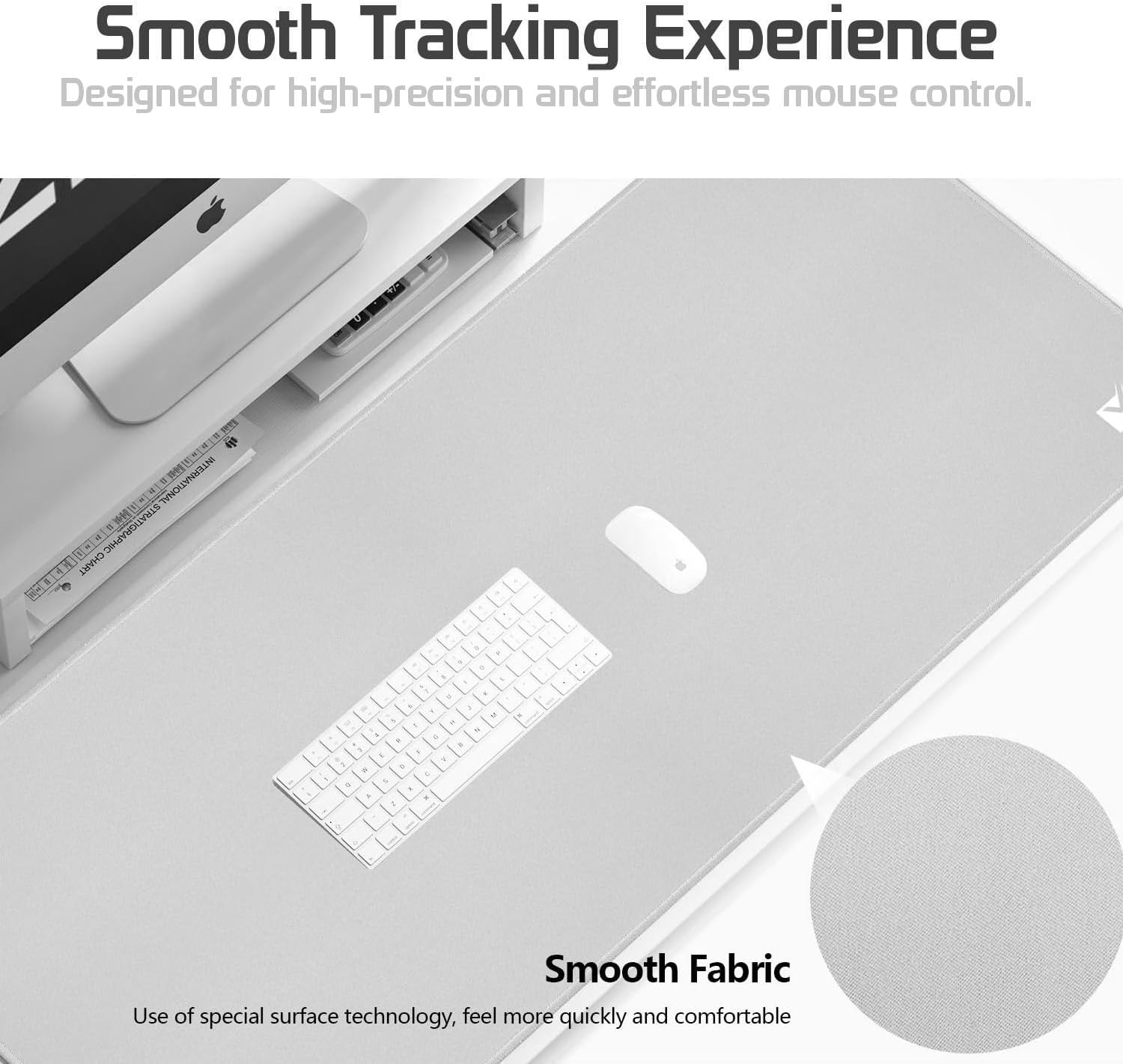 Silver Gray 2XL Color Mouse Pad - Extended (36''x18'') Desktop Mat - Nonslip Base, Stitched Edges, and Waterproof for Gaming and Office