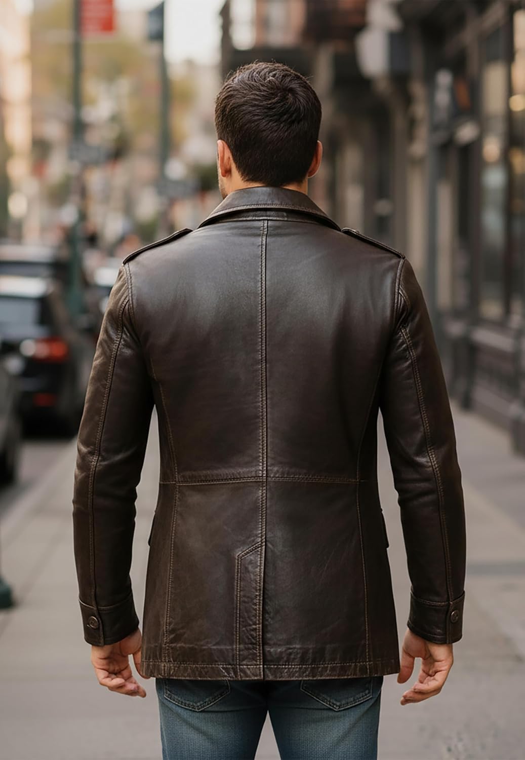 LP-FACON Mens 3/4 Long Leather Jacket - Double Breasted Trench Coat Mid Length Car Coat - Vintage Brown Leather Blazer