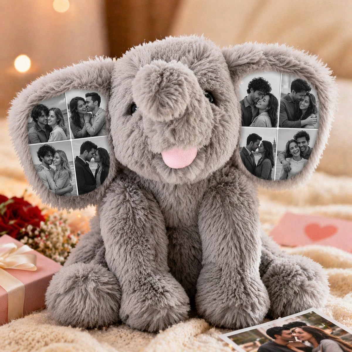 Personalised Photo Elephant Teddy Customised Memory Bunny Rabbit Teddy Plush Hidden Ear Keepsake Soft Toy Custom 8 Pictures in Ears Wedding Anniversary Birthday Gifts for Women Men Couple Friend 40cm