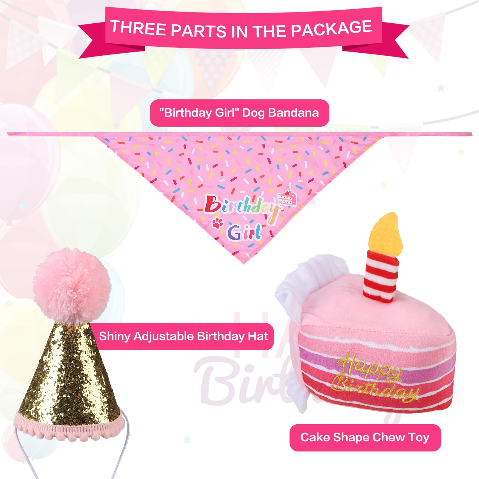 Ushang Pet Geburtstagsset Für Hunde – Kuchenhut, Bandana & Quietschendes Spielzeug In Rosa