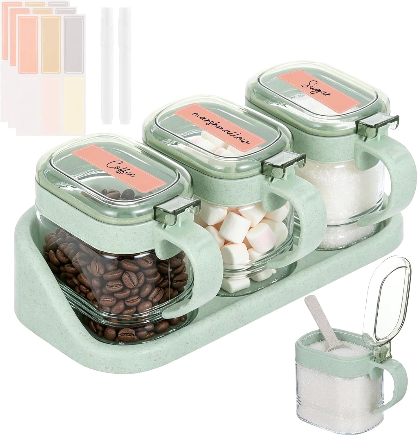 3 Pcs Green Sugar Coffee Container Set Glass Sugar Candy Jar Transparent Storage Container with Label Stickers Glass Coffee Station Organizer with Base for Bean