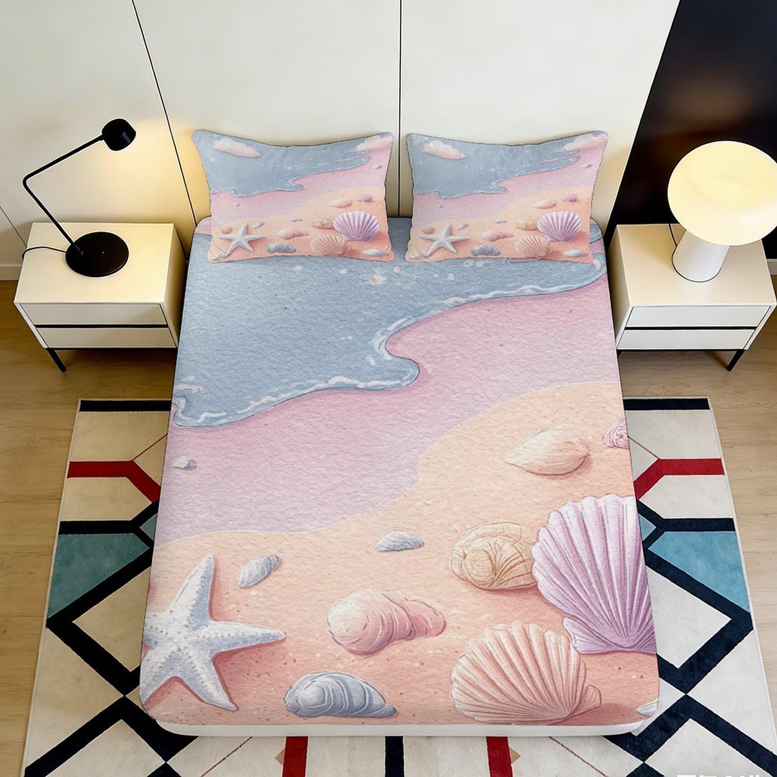 3D Printed Beach Seashell Fitted Sheet Microfiber Soft Sand Starfish Mattress Cover for Bedroom Dorm Room Decor 90x200x25cm