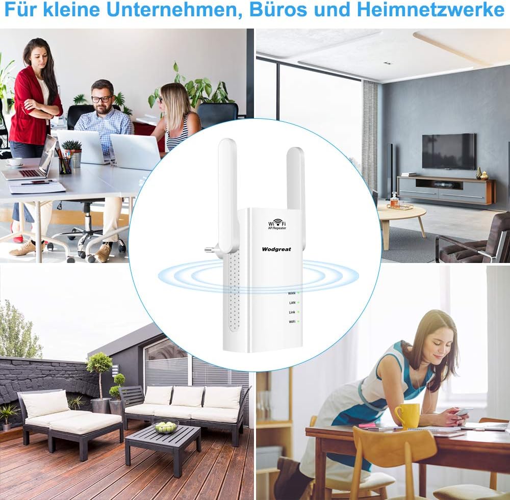 Images depicting the Wodgreat Wi-Fi amplifier being used in various environments such as offices, offices, and outdoor spaces.