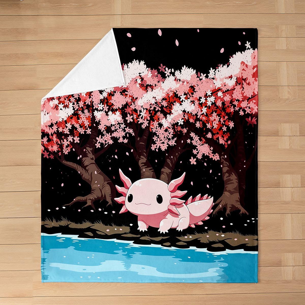 Erosebridal Cute Axolotl Flannel Blanket Baby 30x40 Inch Aesthetic Nature Cherry Blossom Fleece Blanket for Kids Youth Adorable Axolotls Fuzzy Plush Throw Watercolor Animal Decor