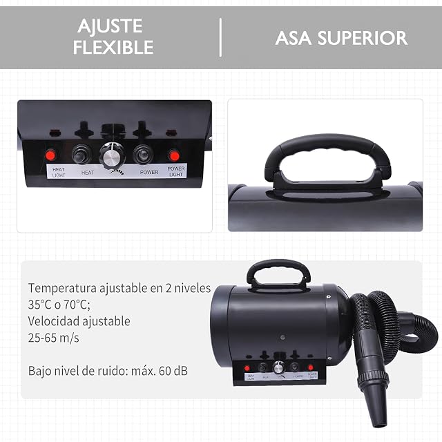 Foto 3 de 8 de HOMCOM PawHut Secador de Pelo para Perros 2800W Secador para Mascotas con Temperatura y Velocidad del Viento…
