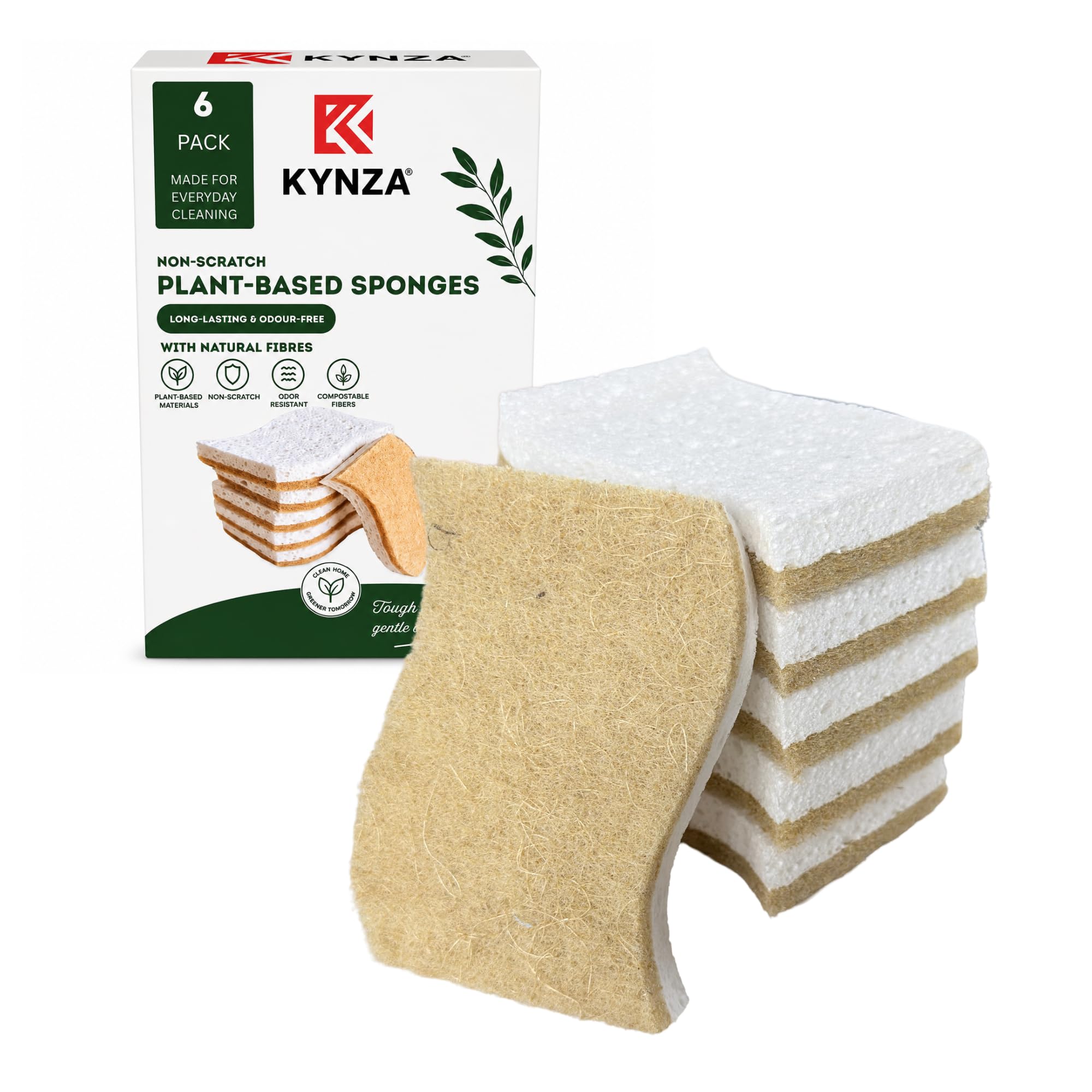 KYNZA Natural Washing Up Sponges 6 Pack | Biodegradable Eco-Friendly Plant-Based Kitchen Scrub Sponges | Non-Scratch Wood Cellulose & Coconut Fibre Compostable Eco Sponge & Scourer