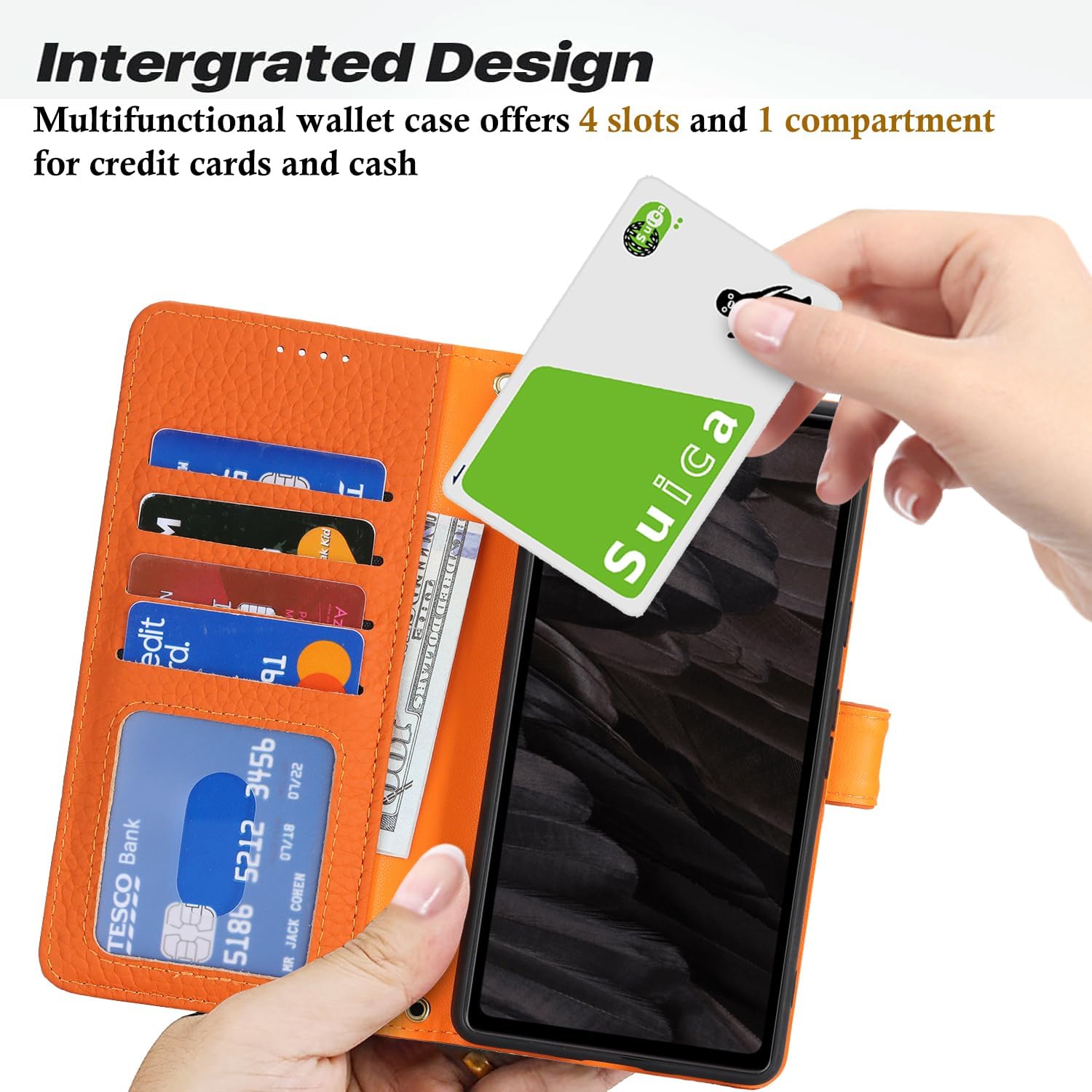 Zouzt Case for Google Pixel 7A Genuine Leather Wallet Case with 4 Card Slot, RFID Blocking Card Holder Magnetic Flip Folio Shockproof Phone Cover Women Men for Google Pixel 7A - Orange