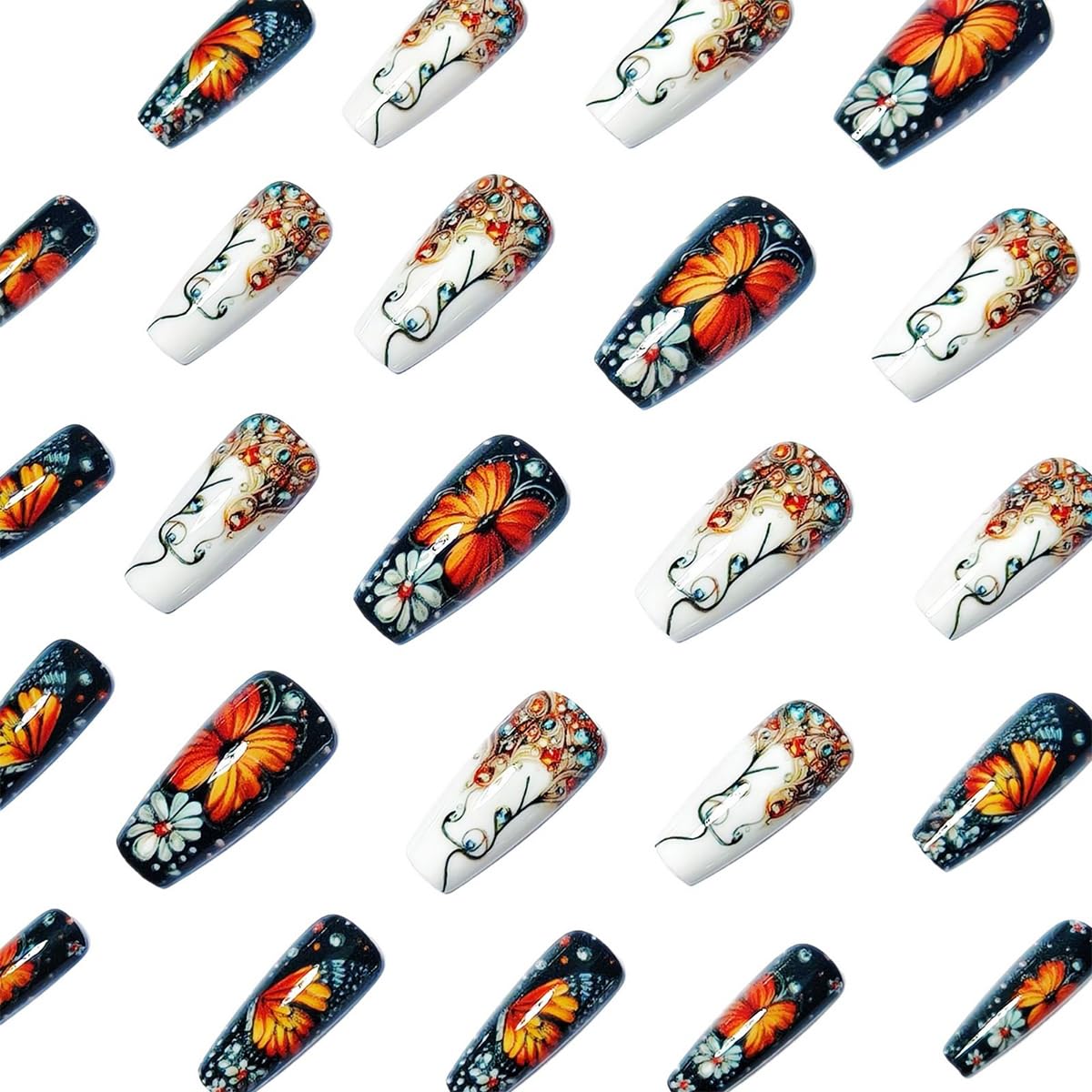 Colorful Gradient Press on Nails Butterfly Fake Nails Medium Long Coffin Acrylic Stick on Nail Cute False Nails Reusable Full Cover for Women Girls 24PCS image 5