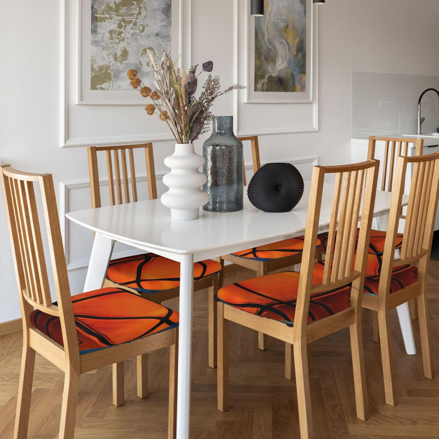 Basketball Art Print Square Cushion Covers 6 Pcs Set Elastic Non-Slip Seat Cushion Slipcovers Pet Furniture Protectors for Chair, Sofa